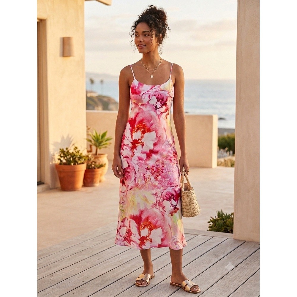 Natori Floral Slip Dress M CottageCore Romantic Y2K Coquette Summer Wedding Midi